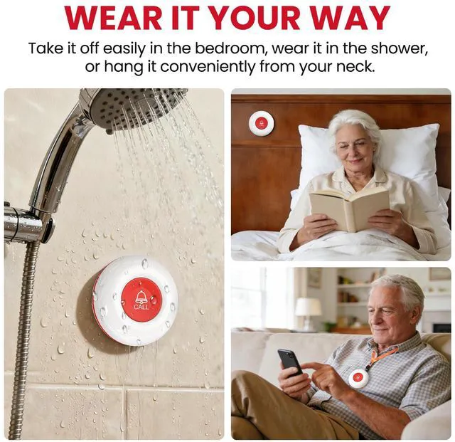 Alt view image 7 of 7 - Wireless Caregiver Pager, 3 Buttons, 2 Portable + 1 Plug-in Help for Seniors at Home; Dual Battery Vibration Alerts; Outlet Sound/Flash Chime; Bedside, Bathroom & Multi-Room Use