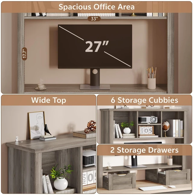 Alt view image 6 of 7 - Monitor Stand Riser, Computer Monitor Riser for Desk 4-Tier Desk Shelf with Storage & Drawer, Desk Organizers and Accessories, for Laptop, Printer, Computer, Grey