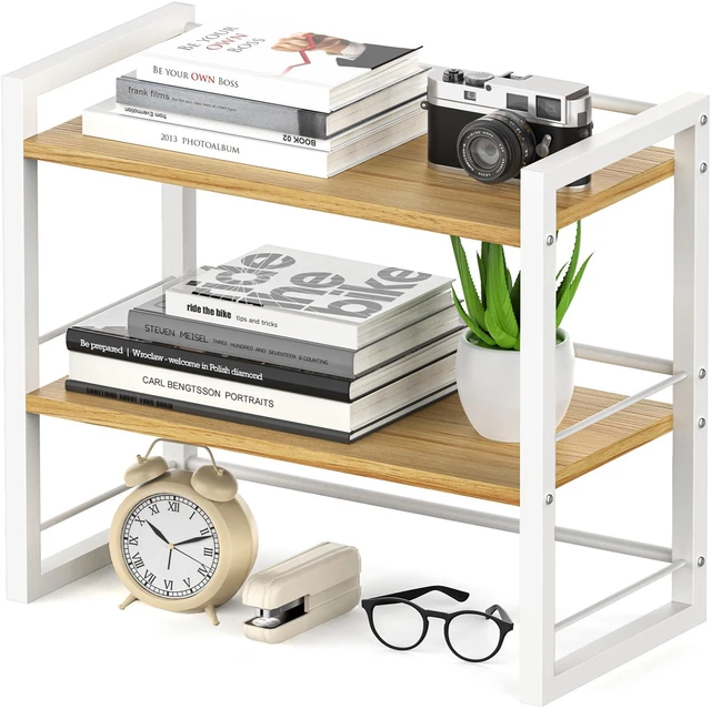 Main image of Office Desk Shelf Organizer, Wood Desktop Bookshelf Supplies Storage Rack, Shelf for Top of Desk and Dresser (White-2 Tier)