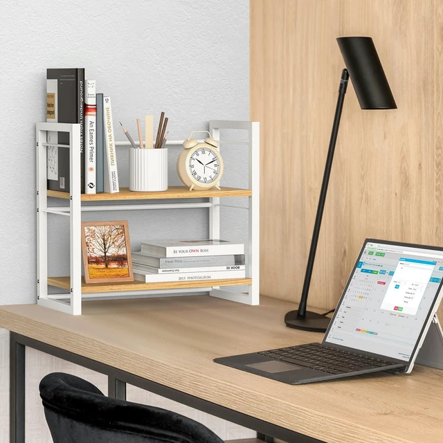 Alt view image 2 of 7 - Office Desk Shelf Organizer, Wood Desktop Bookshelf Supplies Storage Rack, Shelf for Top of Desk and Dresser (White-2 Tier)