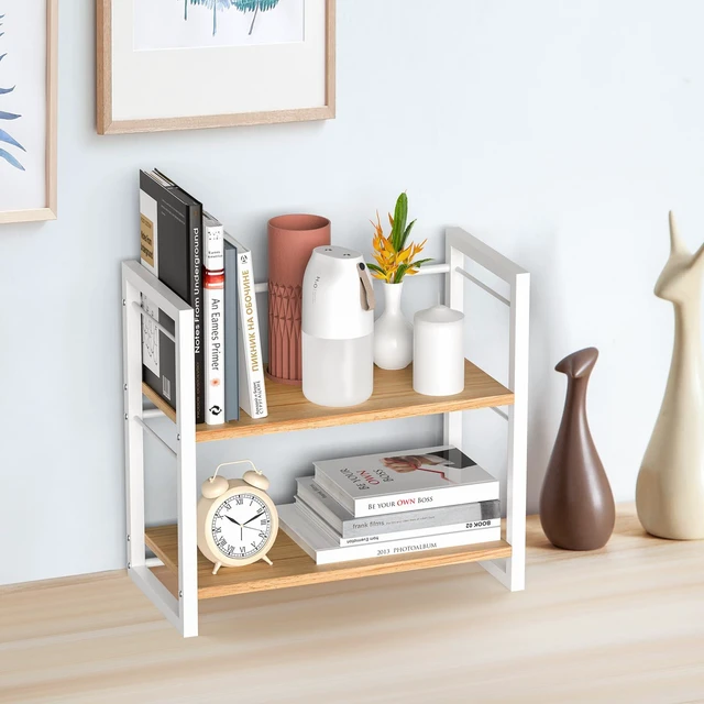 Alt view image 4 of 7 - Office Desk Shelf Organizer, Wood Desktop Bookshelf Supplies Storage Rack, Shelf for Top of Desk and Dresser (White-2 Tier)