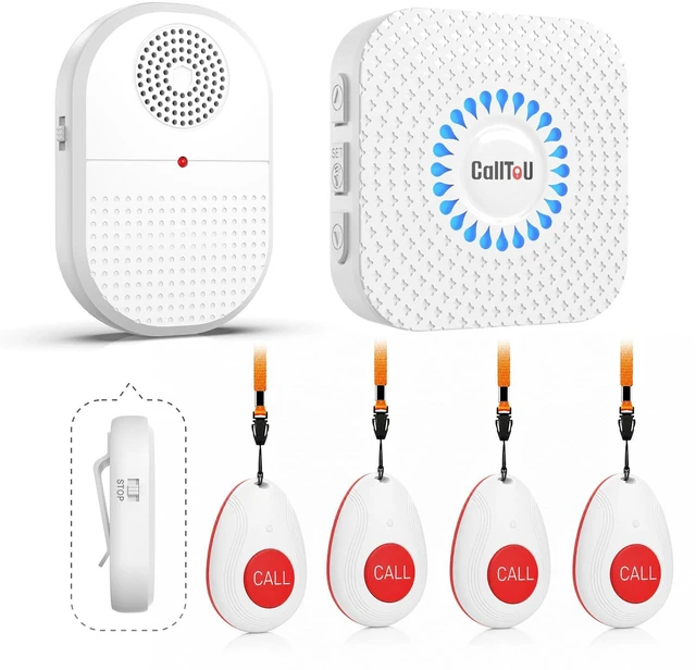 Main image of Portable Vibrating Caregiver Pager, 4 Call Buttons, 2 Receivers Emergency Help for Seniors at Home; Hard-of-Hearing Sound/Flash Alerts; Bedside, Bathroom & Multi-Room Care; 500FT Range