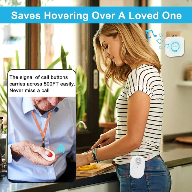 Alt view image 2 of 7 - Portable Vibrating Caregiver Pager, 4 Call Buttons, 2 Receivers Emergency Help for Seniors at Home; Hard-of-Hearing Sound/Flash Alerts; Bedside, Bathroom & Multi-Room Care; 500FT Range