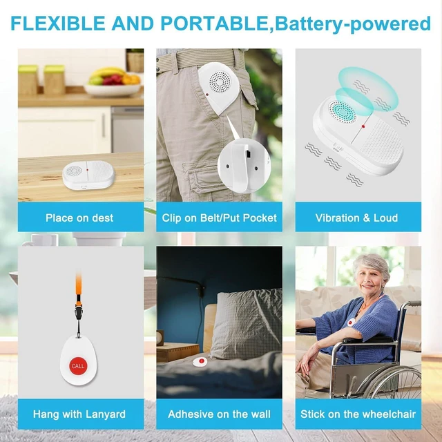 Alt view image 3 of 7 - Portable Vibrating Caregiver Pager, 4 Call Buttons, 2 Receivers Emergency Help for Seniors at Home; Hard-of-Hearing Sound/Flash Alerts; Bedside, Bathroom & Multi-Room Care; 500FT Range