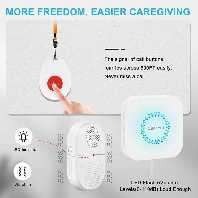 Alt view image 4 of 7 - Portable Vibrating Caregiver Pager, 4 Call Buttons, 2 Receivers Emergency Help for Seniors at Home; Hard-of-Hearing Sound/Flash Alerts; Bedside, Bathroom & Multi-Room Care; 500FT Range