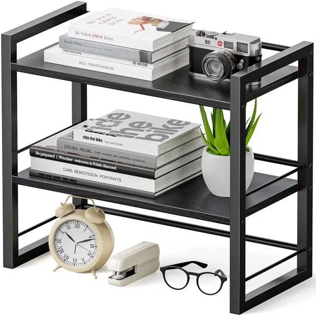 Main image of Office Desk Shelf Organizer, Wood Desktop Bookshelf Supplies Storage Rack, Shelf for Top of Desk and Dresser (Pure Black-2 Tier)