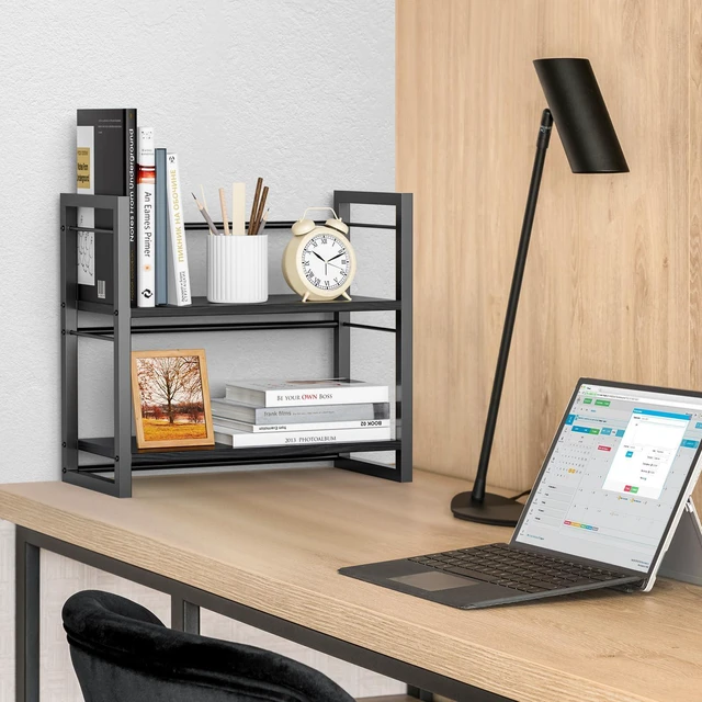 Alt view image 5 of 7 - Office Desk Shelf Organizer, Wood Desktop Bookshelf Supplies Storage Rack, Shelf for Top of Desk and Dresser (Pure Black-2 Tier)