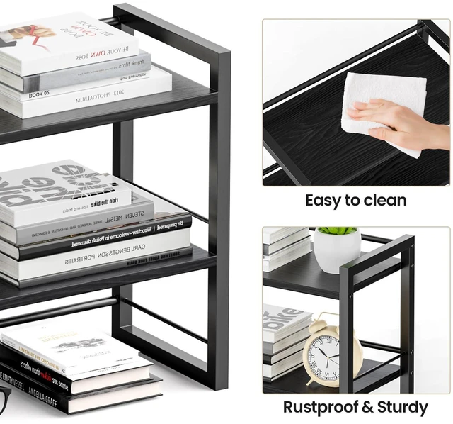 Alt view image 6 of 7 - Office Desk Shelf Organizer, Wood Desktop Bookshelf Supplies Storage Rack, Shelf for Top of Desk and Dresser (Pure Black-2 Tier)