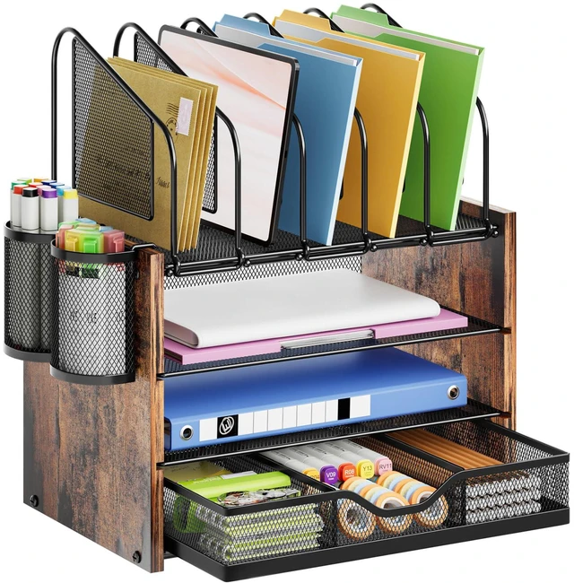 Main image of Desk organizer with Drawer, 4-Tier Wooden File Organizer with 5 Vertical File Holders and 2 Pen Holders, Desk Organizers and Accessories for Home Office - Dark Brown