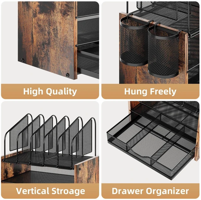 Alt view image 2 of 6 - Desk organizer with Drawer, 4-Tier Wooden File Organizer with 5 Vertical File Holders and 2 Pen Holders, Desk Organizers and Accessories for Home Office - Dark Brown