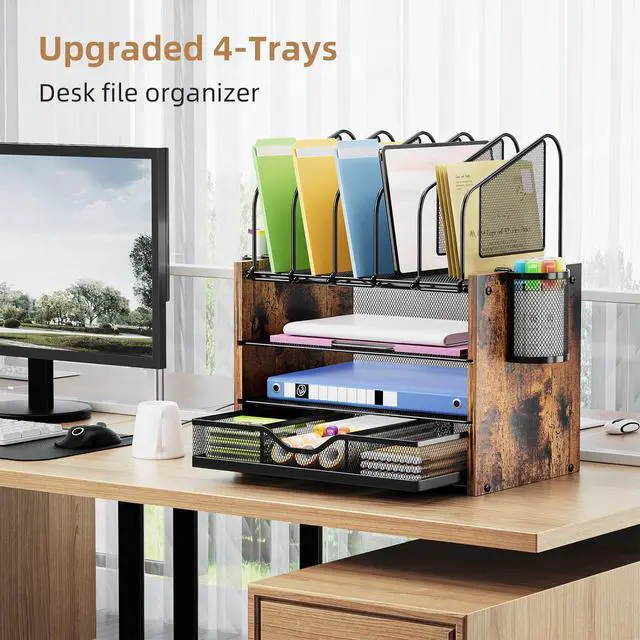 Alt view image 3 of 6 - Desk organizer with Drawer, 4-Tier Wooden File Organizer with 5 Vertical File Holders and 2 Pen Holders, Desk Organizers and Accessories for Home Office - Dark Brown