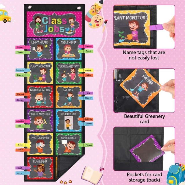 Alt view image 3 of 7 - Class Jobs Pocket Chart Chalkboard Bright Class Helpers Pocket Chart Classroom Jobs Chart with Cards Clips Hooks, Teacher Helper Bulletin Board Set, Back to School Classroom Teacher Supplies