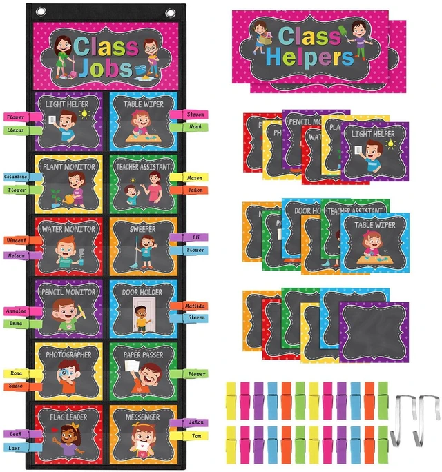 Main image of Class Jobs Pocket Chart Chalkboard Bright Class Helpers Pocket Chart Classroom Jobs Chart with Cards Clips Hooks, Teacher Helper Bulletin Board Set, Back to School Classroom Teacher Supplies