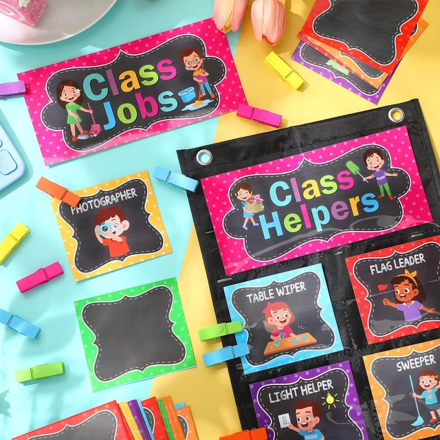 Alt view image 4 of 7 - Class Jobs Pocket Chart Chalkboard Bright Class Helpers Pocket Chart Classroom Jobs Chart with Cards Clips Hooks, Teacher Helper Bulletin Board Set, Back to School Classroom Teacher Supplies