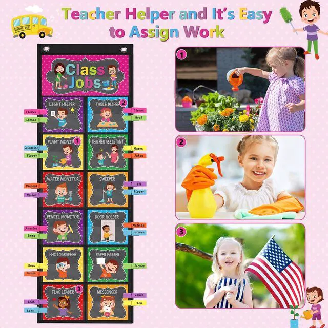 Alt view image 6 of 7 - Class Jobs Pocket Chart Chalkboard Bright Class Helpers Pocket Chart Classroom Jobs Chart with Cards Clips Hooks, Teacher Helper Bulletin Board Set, Back to School Classroom Teacher Supplies