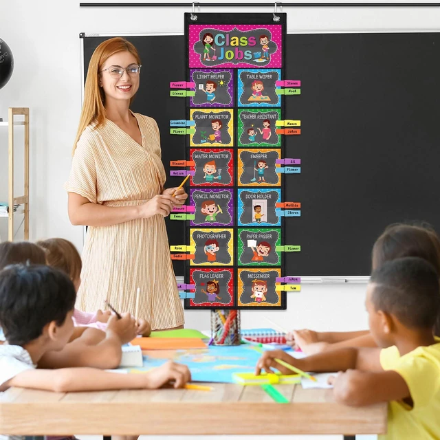 Alt view image 7 of 7 - Class Jobs Pocket Chart Chalkboard Bright Class Helpers Pocket Chart Classroom Jobs Chart with Cards Clips Hooks, Teacher Helper Bulletin Board Set, Back to School Classroom Teacher Supplies