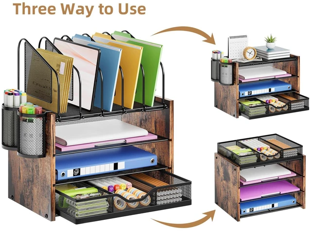 Alt view image 4 of 6 - Desk organizer with Drawer, 4-Tier Wooden File Organizer with 5 Vertical File Holders and 2 Pen Holders, Desk Organizers and Accessories for Home Office - Dark Brown