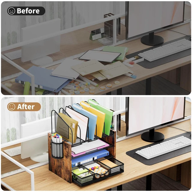Alt view image 5 of 6 - Desk organizer with Drawer, 4-Tier Wooden File Organizer with 5 Vertical File Holders and 2 Pen Holders, Desk Organizers and Accessories for Home Office - Dark Brown