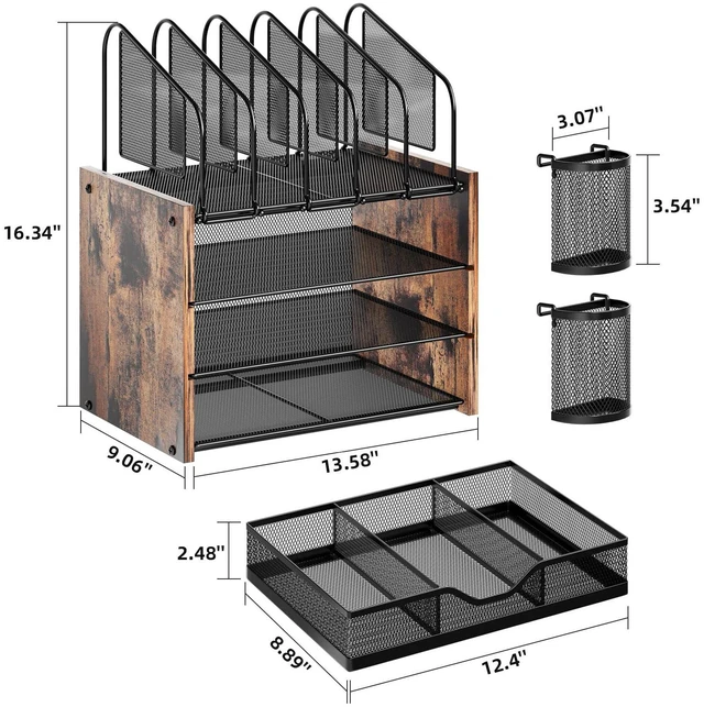 Alt view image 6 of 6 - Desk organizer with Drawer, 4-Tier Wooden File Organizer with 5 Vertical File Holders and 2 Pen Holders, Desk Organizers and Accessories for Home Office - Dark Brown