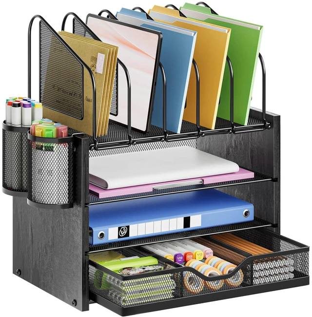 Main image of Desk organizer with Drawer, 4-Tier Wooden File Organizer with 5 Vertical File Holders and 2 Pen Holders, Desk Organizers and Accessories for Home Office - Black