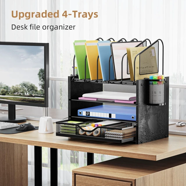Alt view image 3 of 6 - Desk organizer with Drawer, 4-Tier Wooden File Organizer with 5 Vertical File Holders and 2 Pen Holders, Desk Organizers and Accessories for Home Office - Black