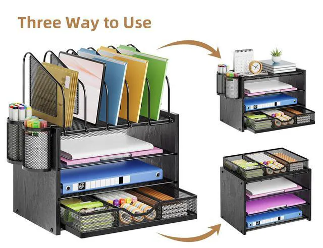 Alt view image 4 of 6 - Desk organizer with Drawer, 4-Tier Wooden File Organizer with 5 Vertical File Holders and 2 Pen Holders, Desk Organizers and Accessories for Home Office - Black