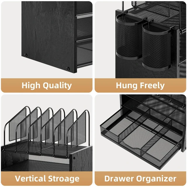 Alt view image 2 of 6 - Desk organizer with Drawer, 4-Tier Wooden File Organizer with 5 Vertical File Holders and 2 Pen Holders, Desk Organizers and Accessories for Home Office - Black