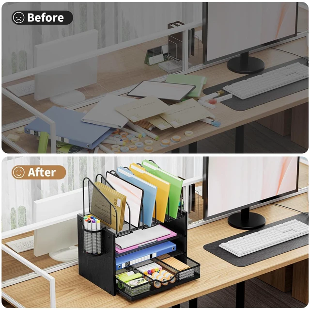 Alt view image 5 of 6 - Desk organizer with Drawer, 4-Tier Wooden File Organizer with 5 Vertical File Holders and 2 Pen Holders, Desk Organizers and Accessories for Home Office - Black