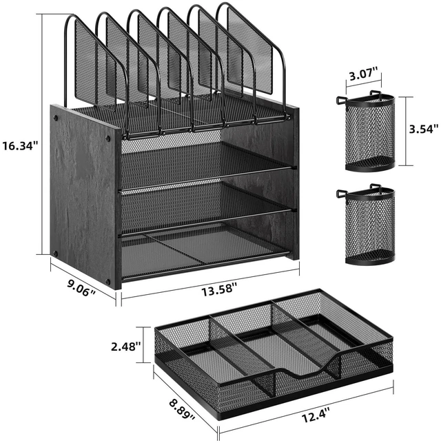 Alt view image 6 of 6 - Desk organizer with Drawer, 4-Tier Wooden File Organizer with 5 Vertical File Holders and 2 Pen Holders, Desk Organizers and Accessories for Home Office - Black
