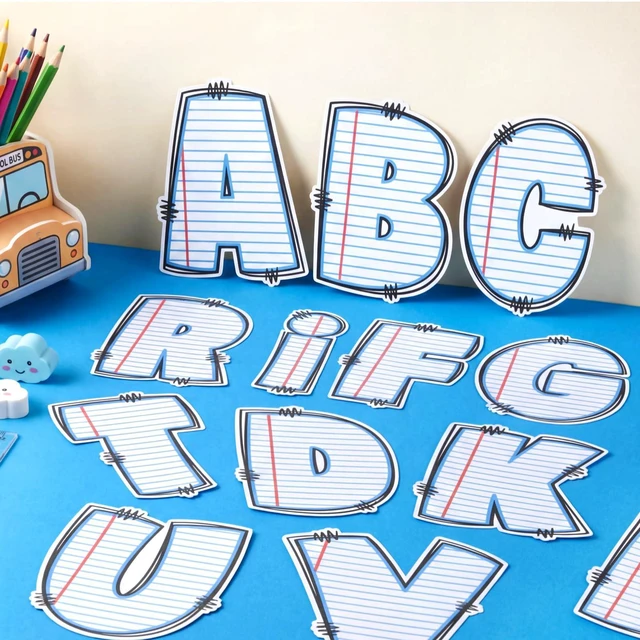 Alt view image 4 of 7 - 120 Pcs 7 Inch Large Bulletin Board Letters Set Blue Stripe Printing Chenille Cutout Letters Set, with Adhesive Dots for Poster Board, Party, and Classroom Decor