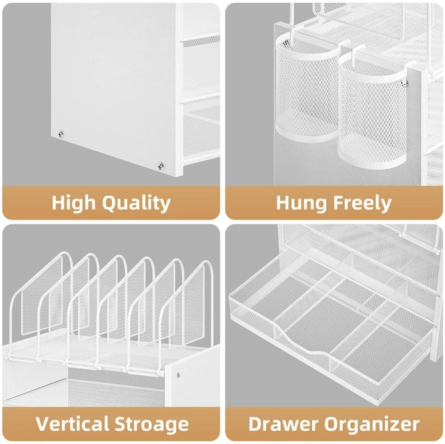 Alt view image 2 of 6 - Desk organizer with Drawer, 4-Tier Wooden File Organizer with 5 Vertical File Holders and 2 Pen Holders, Desk Organizers and Accessories for Home Office - White