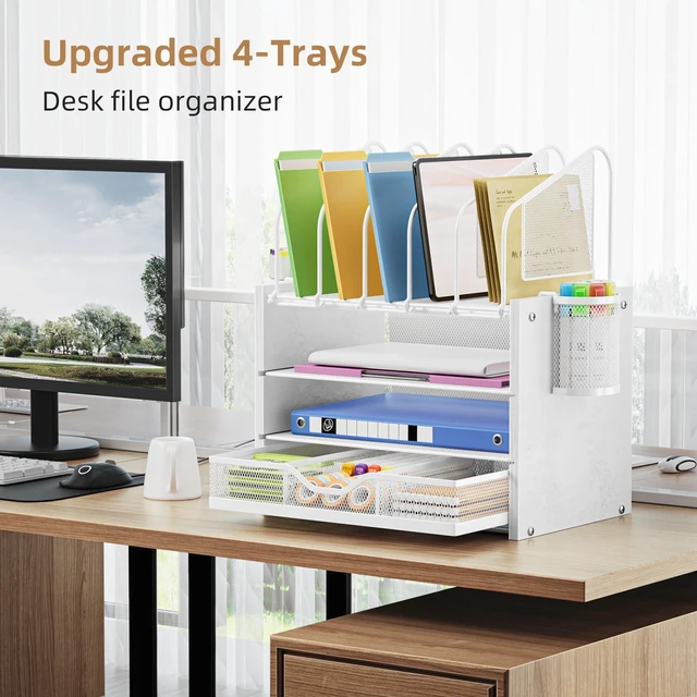 Alt view image 3 of 6 - Desk organizer with Drawer, 4-Tier Wooden File Organizer with 5 Vertical File Holders and 2 Pen Holders, Desk Organizers and Accessories for Home Office - White