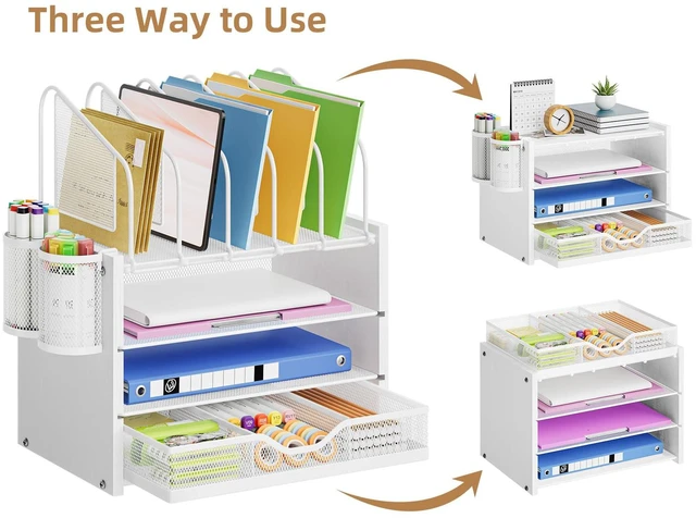 Alt view image 4 of 6 - Desk organizer with Drawer, 4-Tier Wooden File Organizer with 5 Vertical File Holders and 2 Pen Holders, Desk Organizers and Accessories for Home Office - White