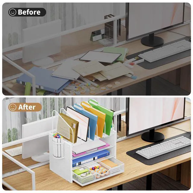 Alt view image 5 of 6 - Desk organizer with Drawer, 4-Tier Wooden File Organizer with 5 Vertical File Holders and 2 Pen Holders, Desk Organizers and Accessories for Home Office - White