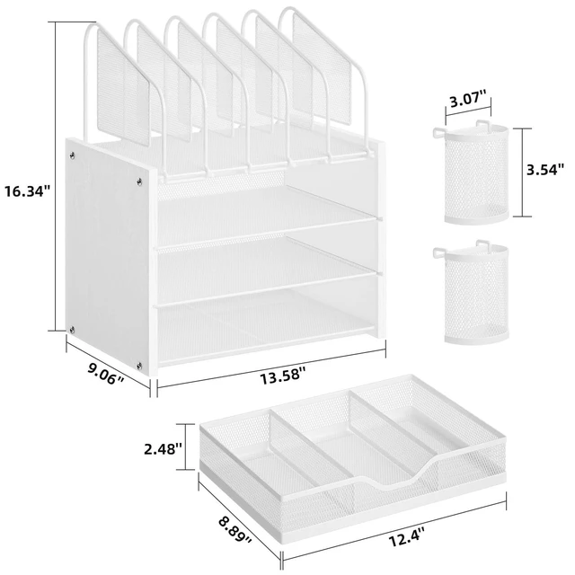 Alt view image 6 of 6 - Desk organizer with Drawer, 4-Tier Wooden File Organizer with 5 Vertical File Holders and 2 Pen Holders, Desk Organizers and Accessories for Home Office - White