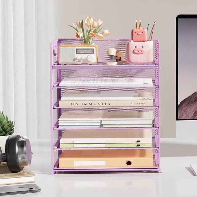 Alt view image 3 of 7 - 6 Tier Paper File Tray Organizer for Desk, Purple Mesh Desk Letter Paper File Folder Accessories Sorter Organizer with Handle, Stackable Slide Tray for Office, Home or School Supplies Storage