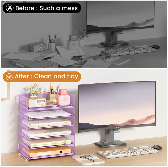 Alt view image 2 of 7 - 6 Tier Paper File Tray Organizer for Desk, Purple Mesh Desk Letter Paper File Folder Accessories Sorter Organizer with Handle, Stackable Slide Tray for Office, Home or School Supplies Storage