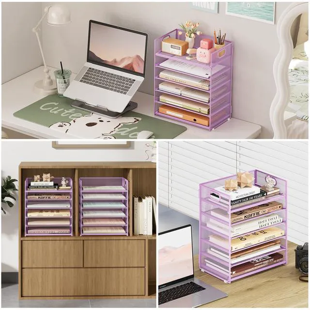 Alt view image 4 of 7 - 6 Tier Paper File Tray Organizer for Desk, Purple Mesh Desk Letter Paper File Folder Accessories Sorter Organizer with Handle, Stackable Slide Tray for Office, Home or School Supplies Storage