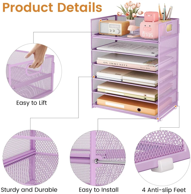 Alt view image 5 of 7 - 6 Tier Paper File Tray Organizer for Desk, Purple Mesh Desk Letter Paper File Folder Accessories Sorter Organizer with Handle, Stackable Slide Tray for Office, Home or School Supplies Storage
