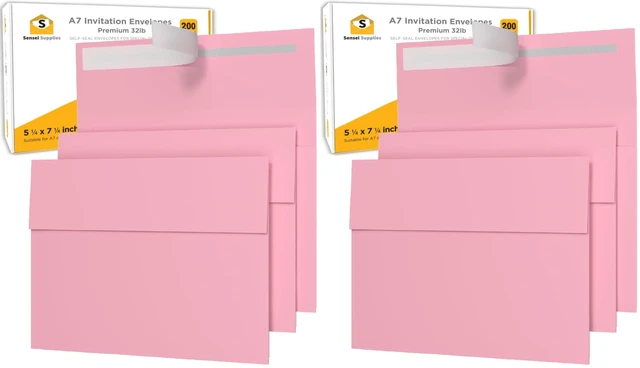 Main image of 200 5x7 Pink Invitation Envelopes - For 5x7 Cards - A7 - (5 ¼ x 7 ¼ inches) - Perfect for Weddings, Graduation, Baby Shower - 120 GSM - Peel, Press & Self Seal - Square Flap (Pack of 2)