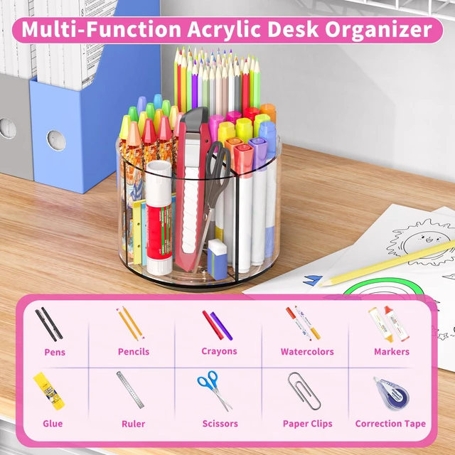 Alt view image 3 of 6 - Small Pencil Organizer for Desk Acrylic Art Organizer Clear 4 Compartments Rotating Art Supply Organizer for Kid Spinning Marker Caddy Pen Organizer for Desk