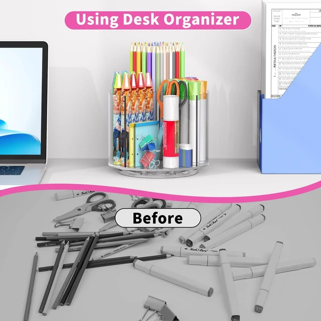 Alt view image 4 of 6 - Small Pencil Organizer for Desk Acrylic Art Organizer Clear 4 Compartments Rotating Art Supply Organizer for Kid Spinning Marker Caddy Pen Organizer for Desk