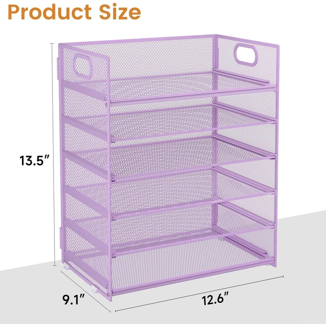 Alt view image 6 of 7 - 6 Tier Paper File Tray Organizer for Desk, Purple Mesh Desk Letter Paper File Folder Accessories Sorter Organizer with Handle, Stackable Slide Tray for Office, Home or School Supplies Storage