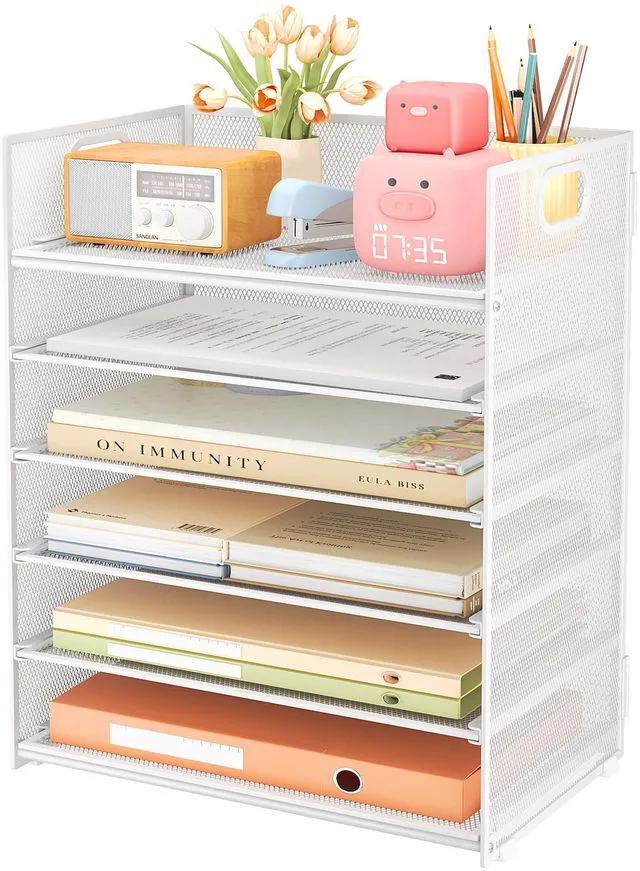 Main image of 6 Tier Paper Organizer for Desk with Handle, Metal Mesh Desk Office File Folder Paper Letter Tray Accessories Organizer Sorter for Home, School, Office Desktop Document Organization - White