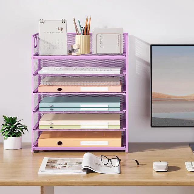 Alt view image 7 of 7 - 6 Tier Paper File Tray Organizer for Desk, Purple Mesh Desk Letter Paper File Folder Accessories Sorter Organizer with Handle, Stackable Slide Tray for Office, Home or School Supplies Storage