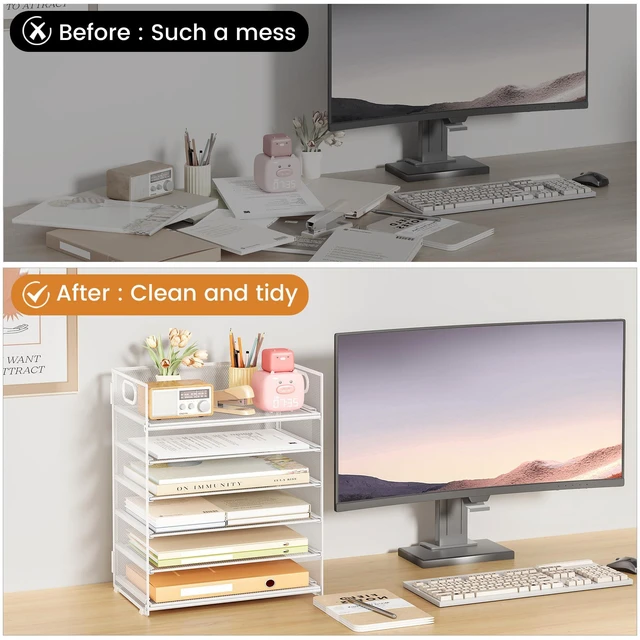 Alt view image 2 of 7 - 6 Tier Paper Organizer for Desk with Handle, Metal Mesh Desk Office File Folder Paper Letter Tray Accessories Organizer Sorter for Home, School, Office Desktop Document Organization - White