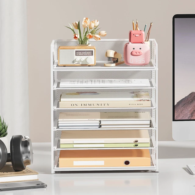 Alt view image 3 of 7 - 6 Tier Paper Organizer for Desk with Handle, Metal Mesh Desk Office File Folder Paper Letter Tray Accessories Organizer Sorter for Home, School, Office Desktop Document Organization - White