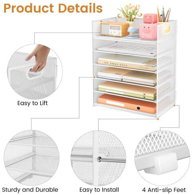 Alt view image 5 of 7 - 6 Tier Paper Organizer for Desk with Handle, Metal Mesh Desk Office File Folder Paper Letter Tray Accessories Organizer Sorter for Home, School, Office Desktop Document Organization - White