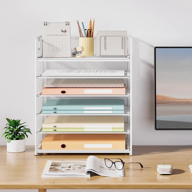 Alt view image 7 of 7 - 6 Tier Paper Organizer for Desk with Handle, Metal Mesh Desk Office File Folder Paper Letter Tray Accessories Organizer Sorter for Home, School, Office Desktop Document Organization - White