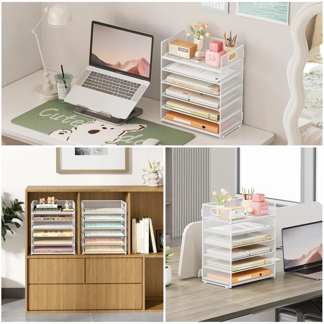 Alt view image 4 of 7 - 6 Tier Paper Organizer for Desk with Handle, Metal Mesh Desk Office File Folder Paper Letter Tray Accessories Organizer Sorter for Home, School, Office Desktop Document Organization - White